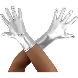 Women's Silver Shiny Metallic Short Length Satin Wrist Gloves Costume Party